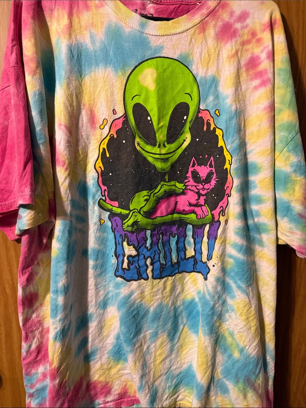 Mens 3XL Tie-Dye Alien Graphic Tee - Neon Green & Pink “CHILL”